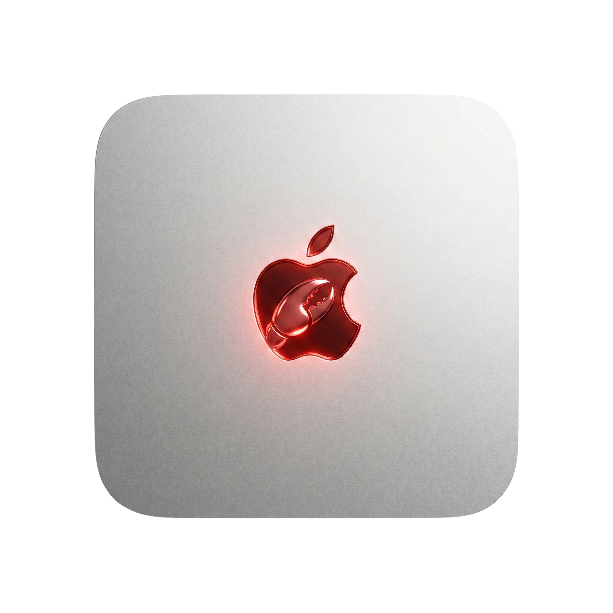 Mac Mini with glowing red Apple logo featuring lobster claw